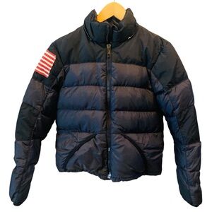 RALPH LAUREN DENIM & SUPPLY Black Puffer Bomber Jacket American Flag Arm Detail